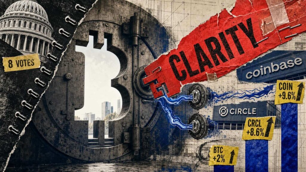 Bitcoin rose 2% on CLARITY progress while Coinbase, Circle jumped over 8%