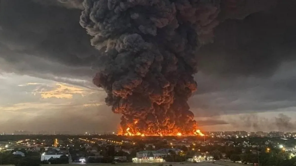 Image shows smoke rising from Russian warehouse after Ukrainian drone strike