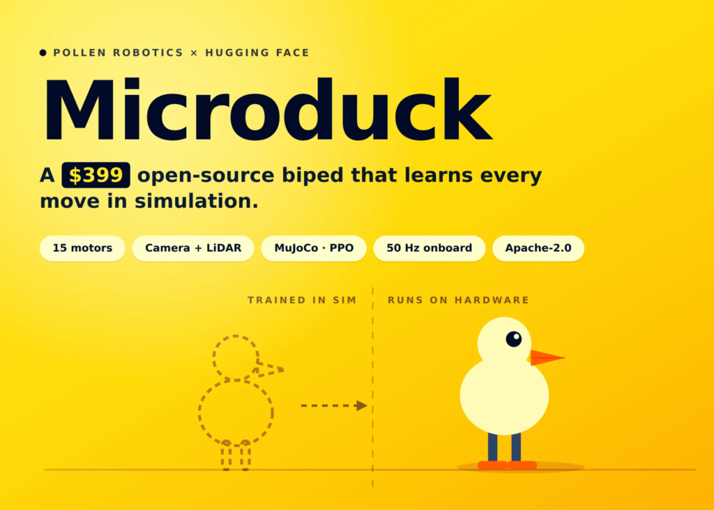 Hugging Face Unveils Microduck: A $399 Open-Source 25 cm Biped You Train with Reinforcement Learning