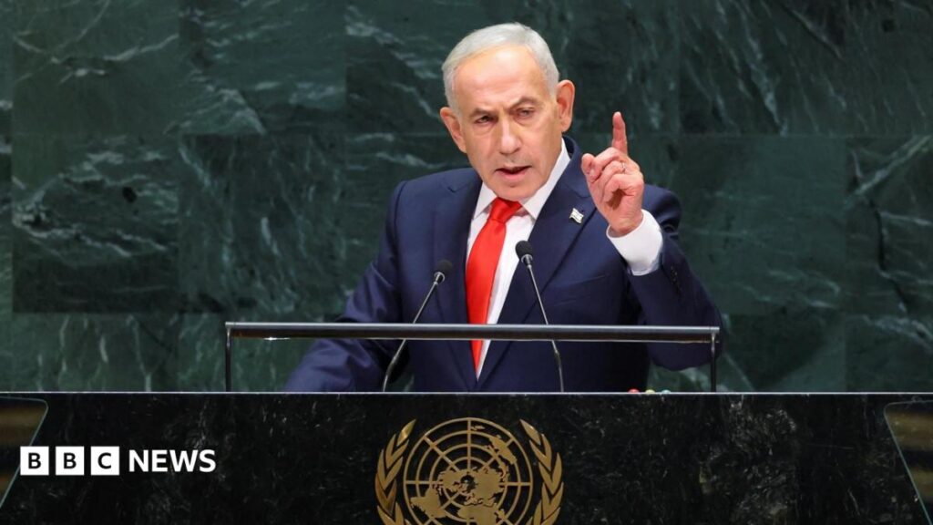Netanyahu defends Israeli military action as delegates walk out before UN speech